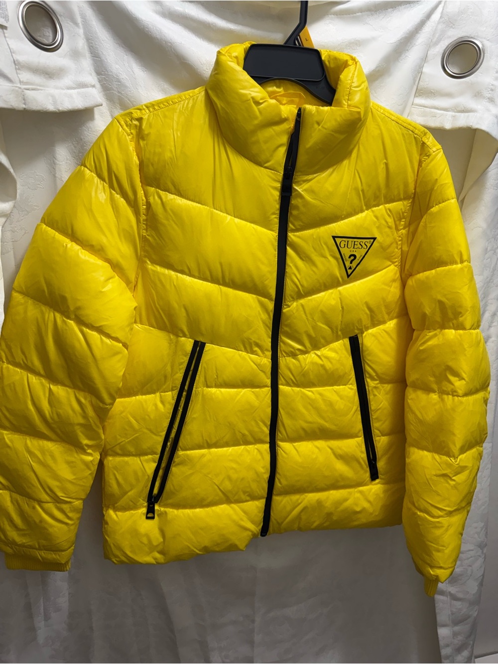 Guess Yellow Quilted Puffer Jacket with Black Trim